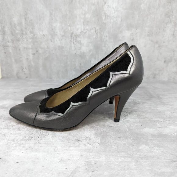 Rare Vintage Bally Pewter Leather Suede High Heels Handmade in Italy Size 5 - Picture 5 of 6